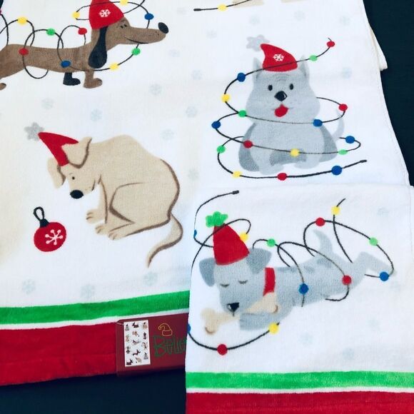 Christmas Puppy Dog Lights Bath Hand Towels Set - Picture 1 of 2